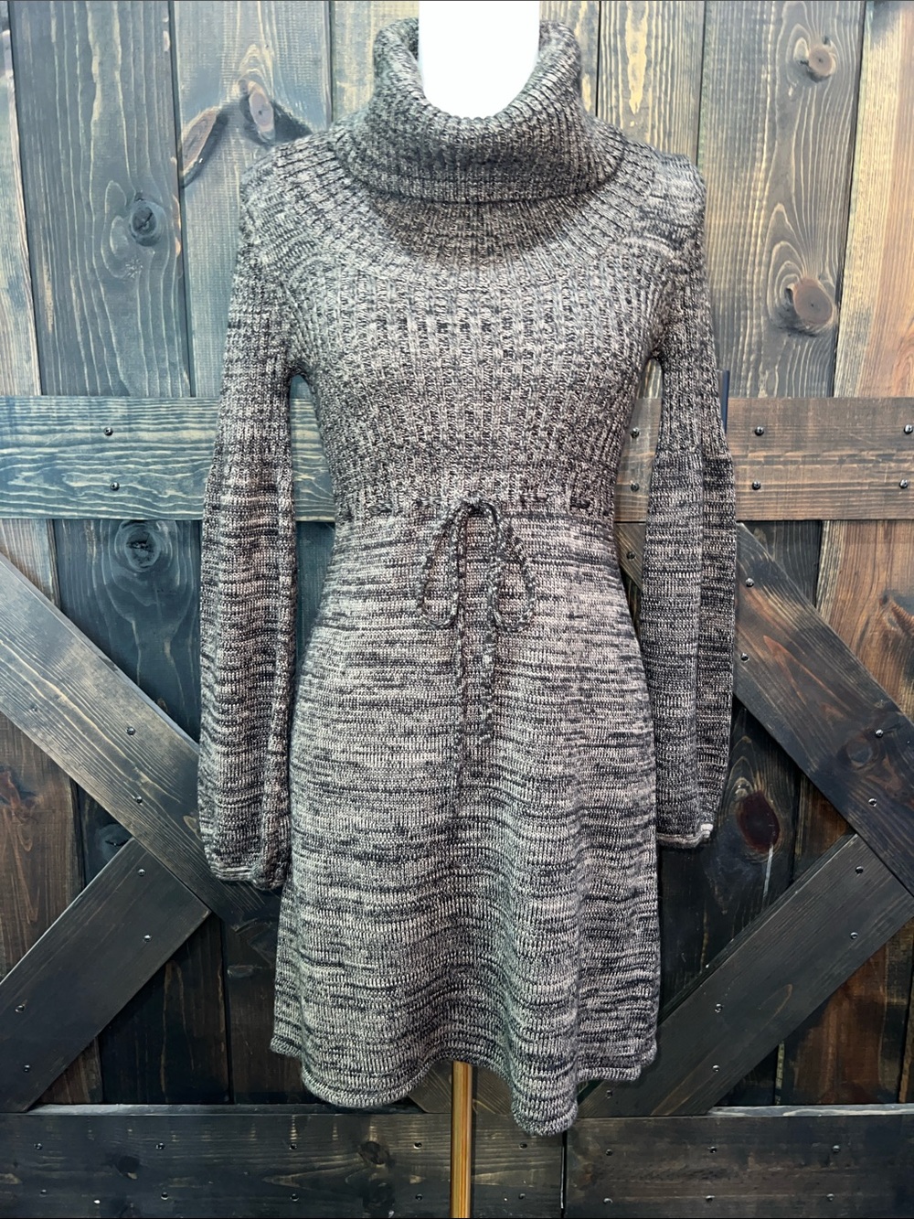 Ellen Tracy Brown Grey Sweater Dress S Cowl Neck Knit Drawstring Long Sleeve Y2K
